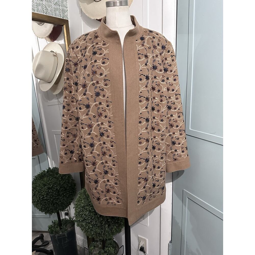 Oscar by Oscar de la Renta Camel Hair Embroidered Open Front Jacket Size 1X